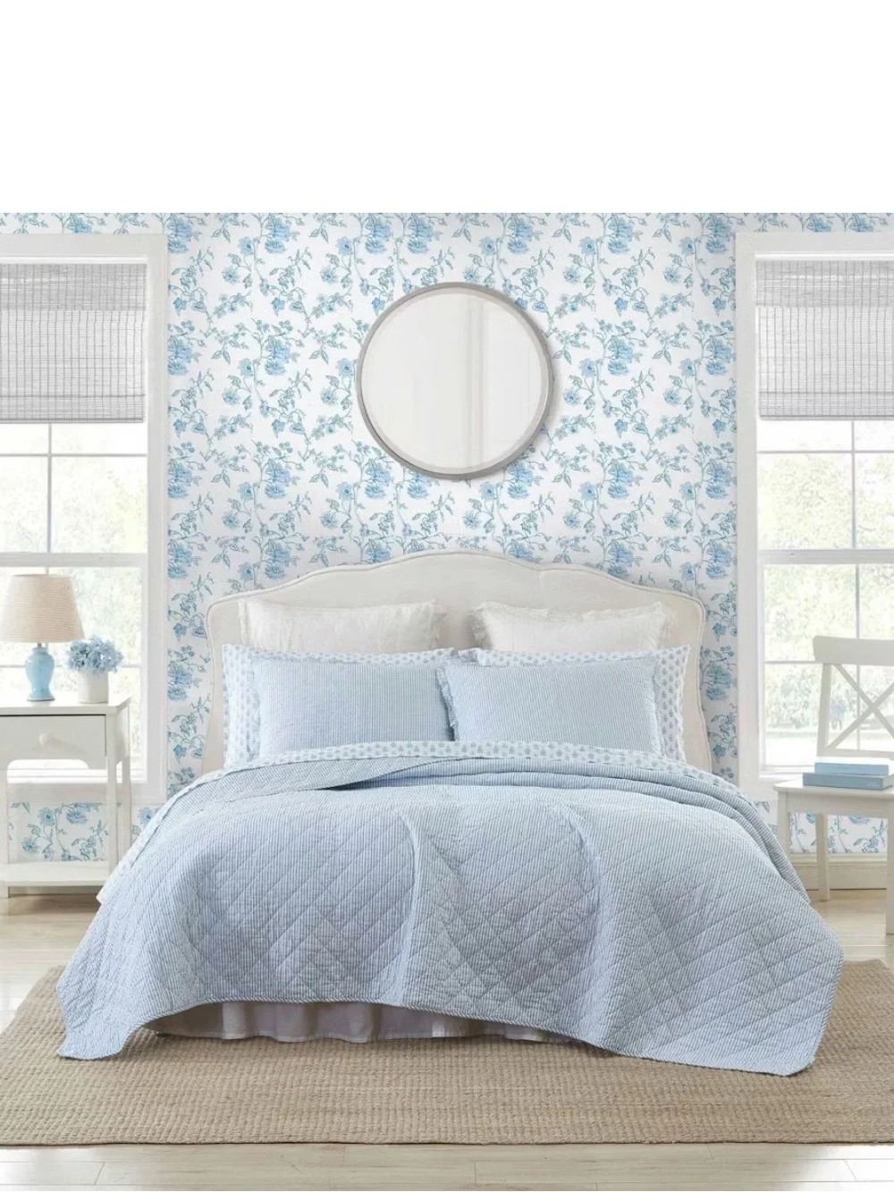 Charming Laura Ashley TWIN Oxford Striped Quilt Set Blue Pin Stripe ~ NEW